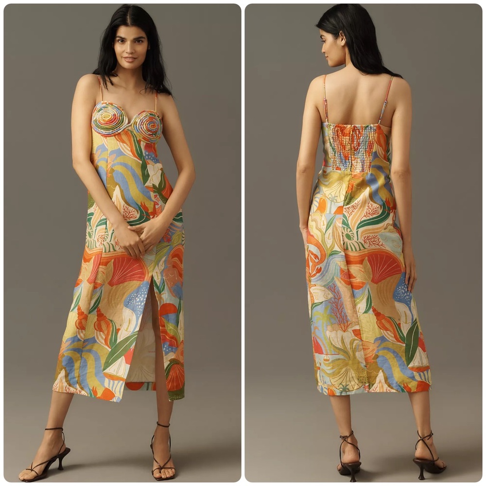 Farm Rio S Multicolor Ocean View Twisted Cups Euroflax Premium Linen Midi Dress - Picture 3 of 10